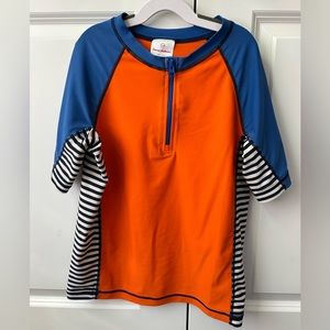 Hanna Andersson Boys Orange and Blue w/ Stripes Swim Shirt (Size 150/12)
